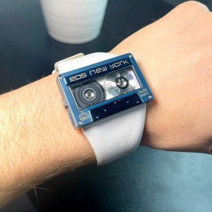 eos New York Mixtape Cassette Wrist Watch in Blue & White | 80s Style Accessory